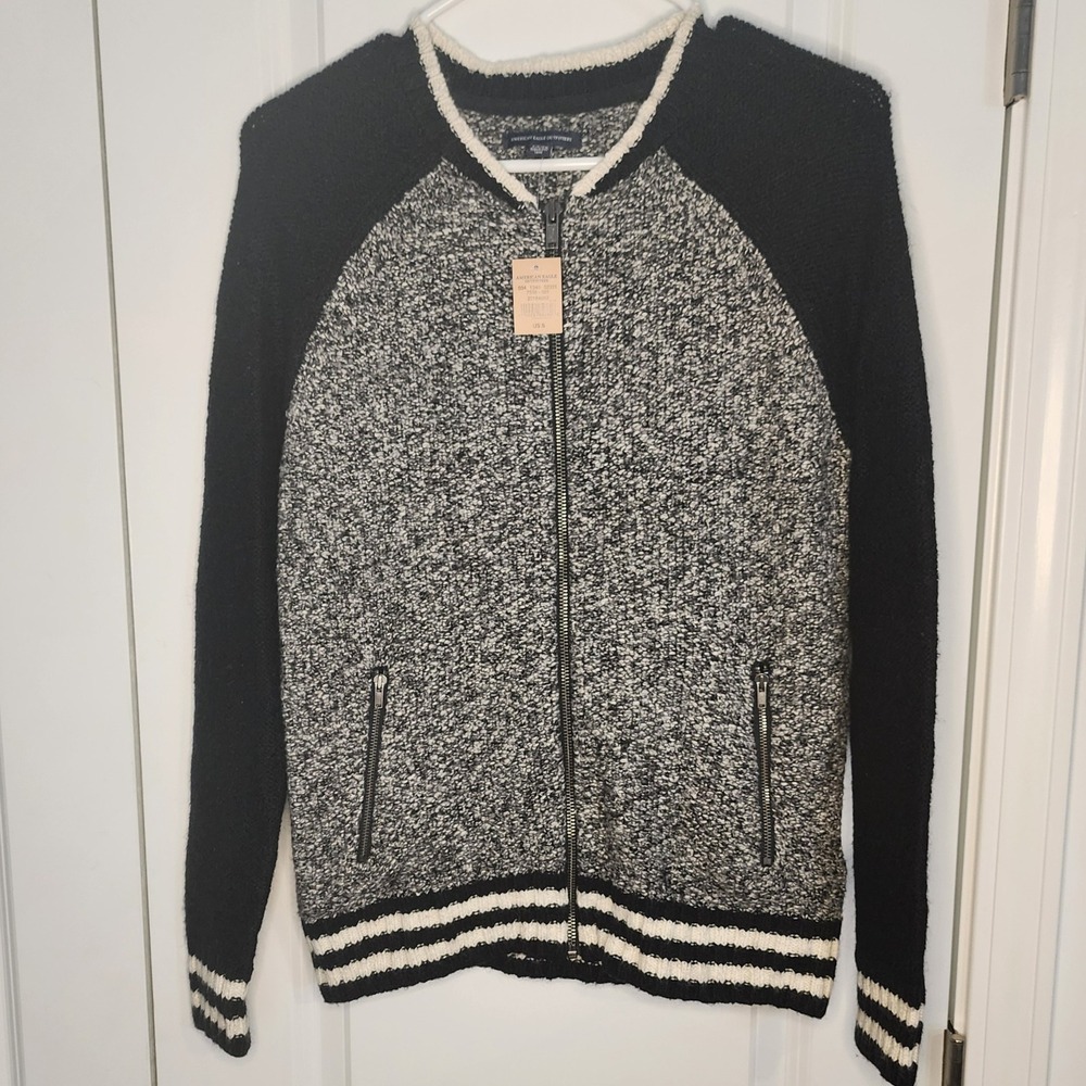 American Eagle Outfitters Mens Gray Black Knit Zip Up Cardigan Sweater S